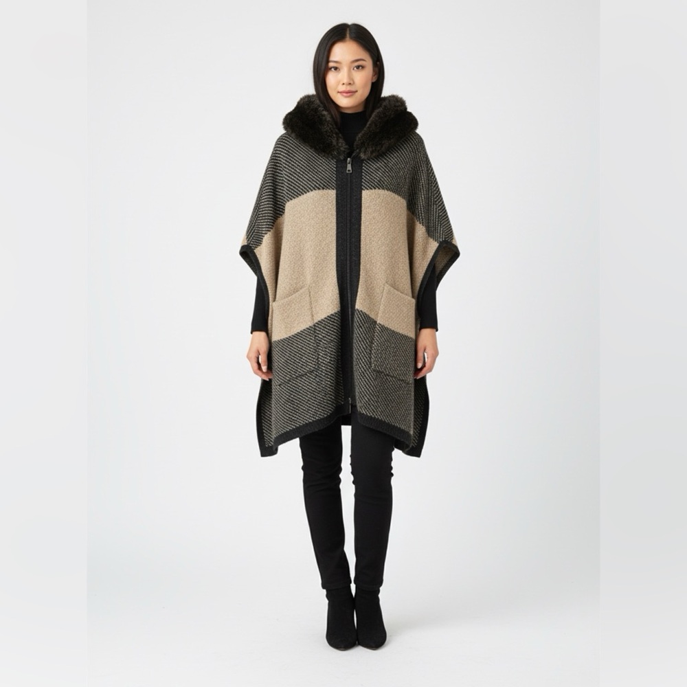 Zara Knit Faux Fur Trim Hooded Full Zip Poncho Fit Sweater Size Small